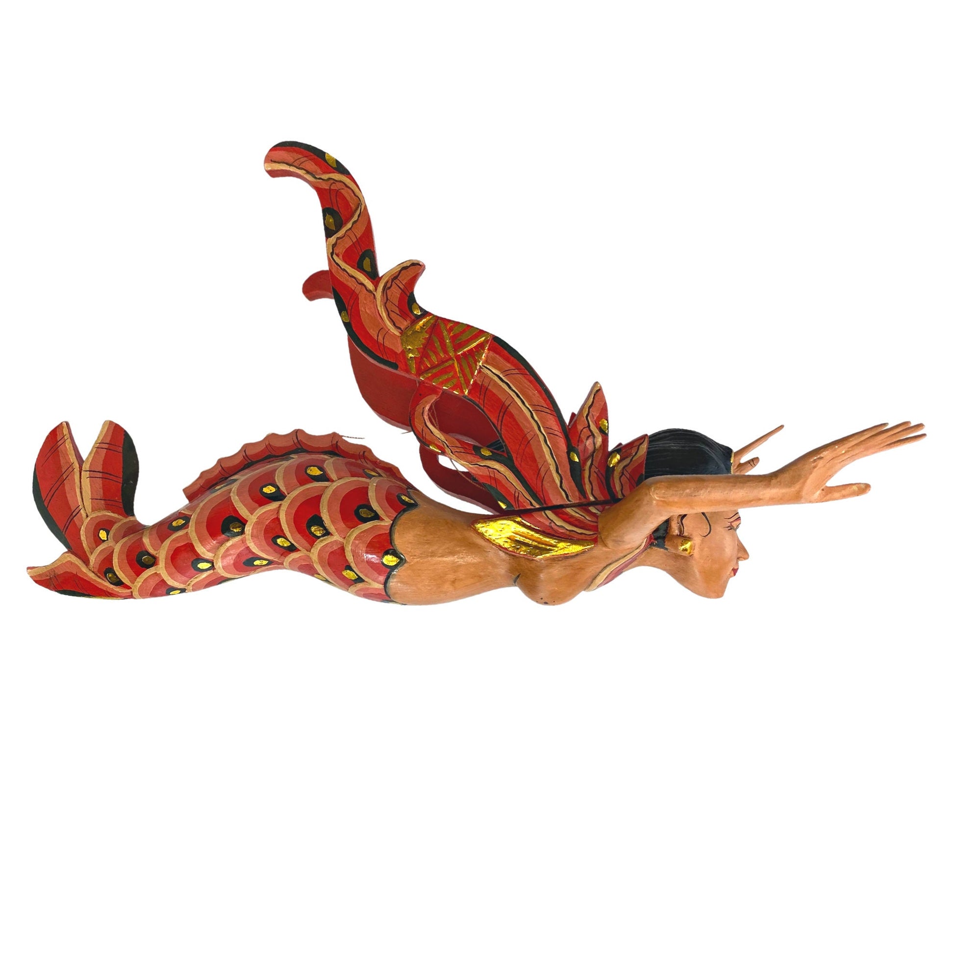 Bali Winged Flying Mermaid Mobile Spiritchaser Aspra Cradle guardian Carved wood Balinese art Red 18&quot; - Acadia World Traders