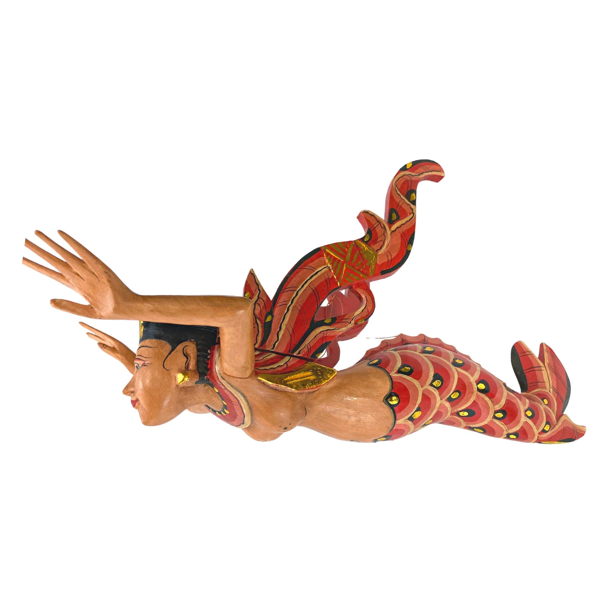 Bali Winged Flying Mermaid Mobile Spiritchaser Aspra Cradle guardian Carved wood Balinese art Red 18&quot; - Acadia World Traders