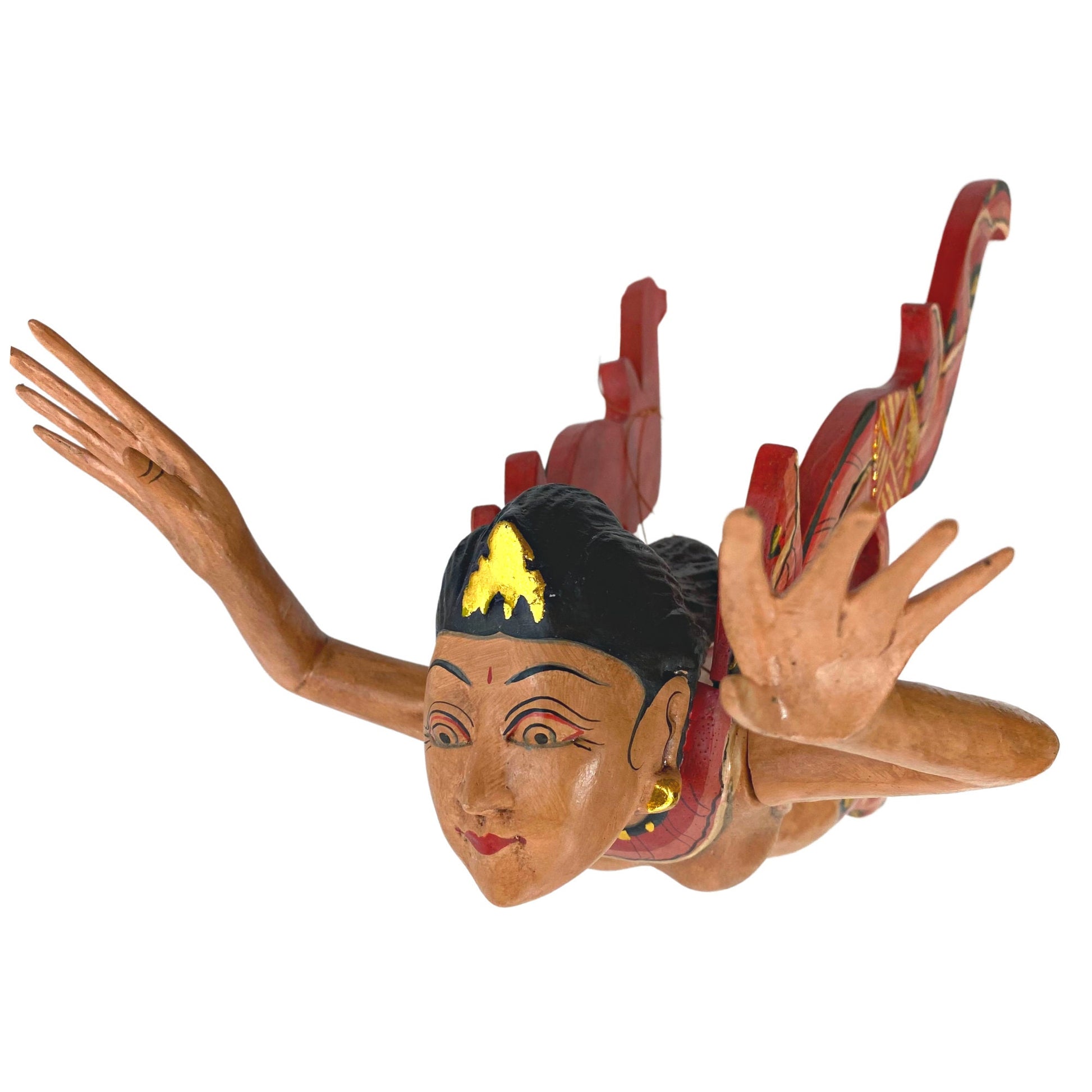 Bali Winged Flying Mermaid Mobile Spiritchaser Aspra Cradle guardian Carved wood Balinese art Red 18&quot; - Acadia World Traders