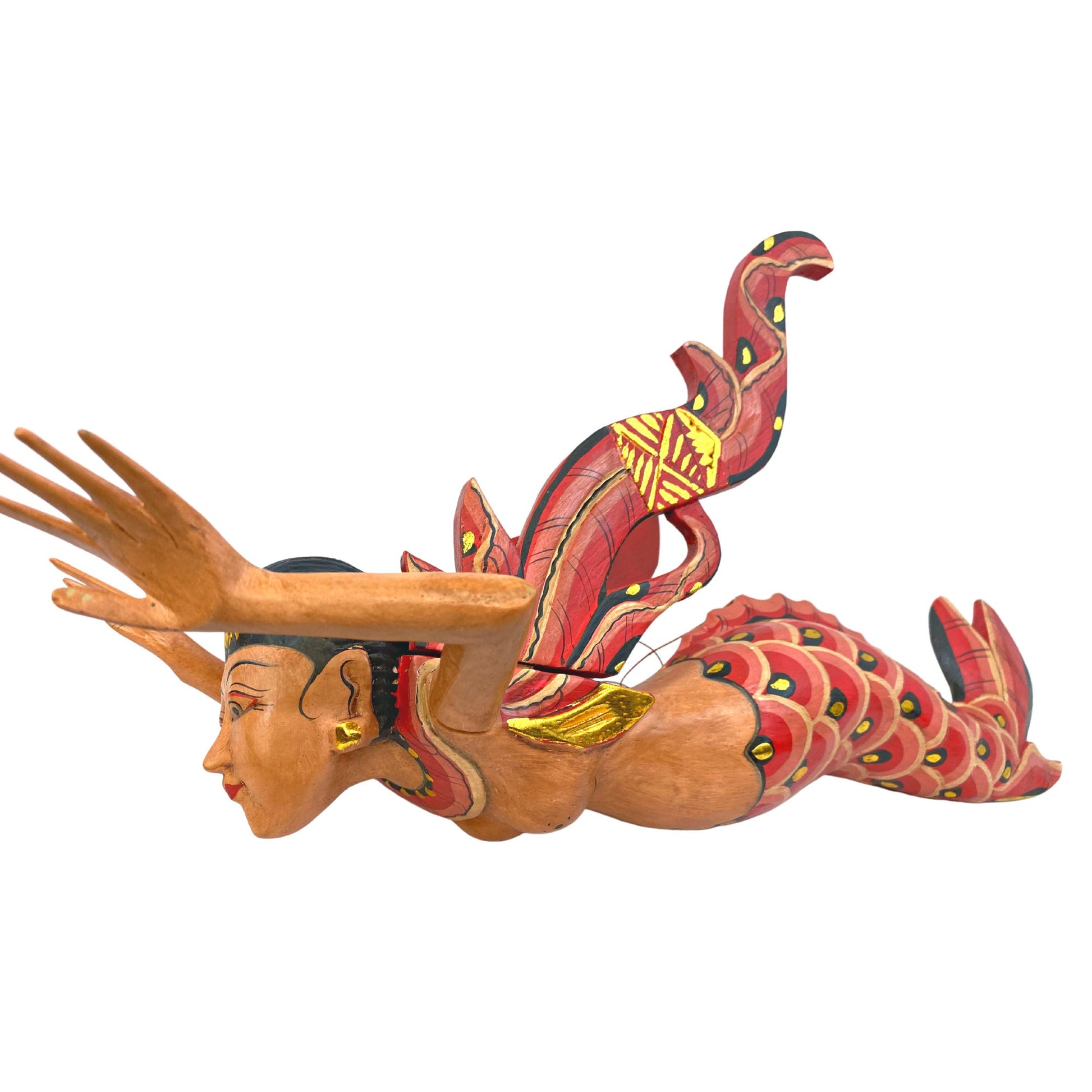 Bali Winged Flying Mermaid Mobile Spiritchaser Aspra Cradle guardian Carved wood Balinese art Red 18&quot; - Acadia World Traders