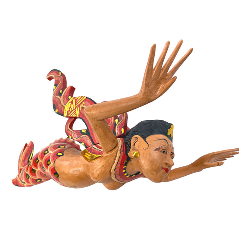 Bali Winged Flying Mermaid Mobile Spiritchaser Aspra Cradle guardian Carved wood Balinese art Red 18&quot;