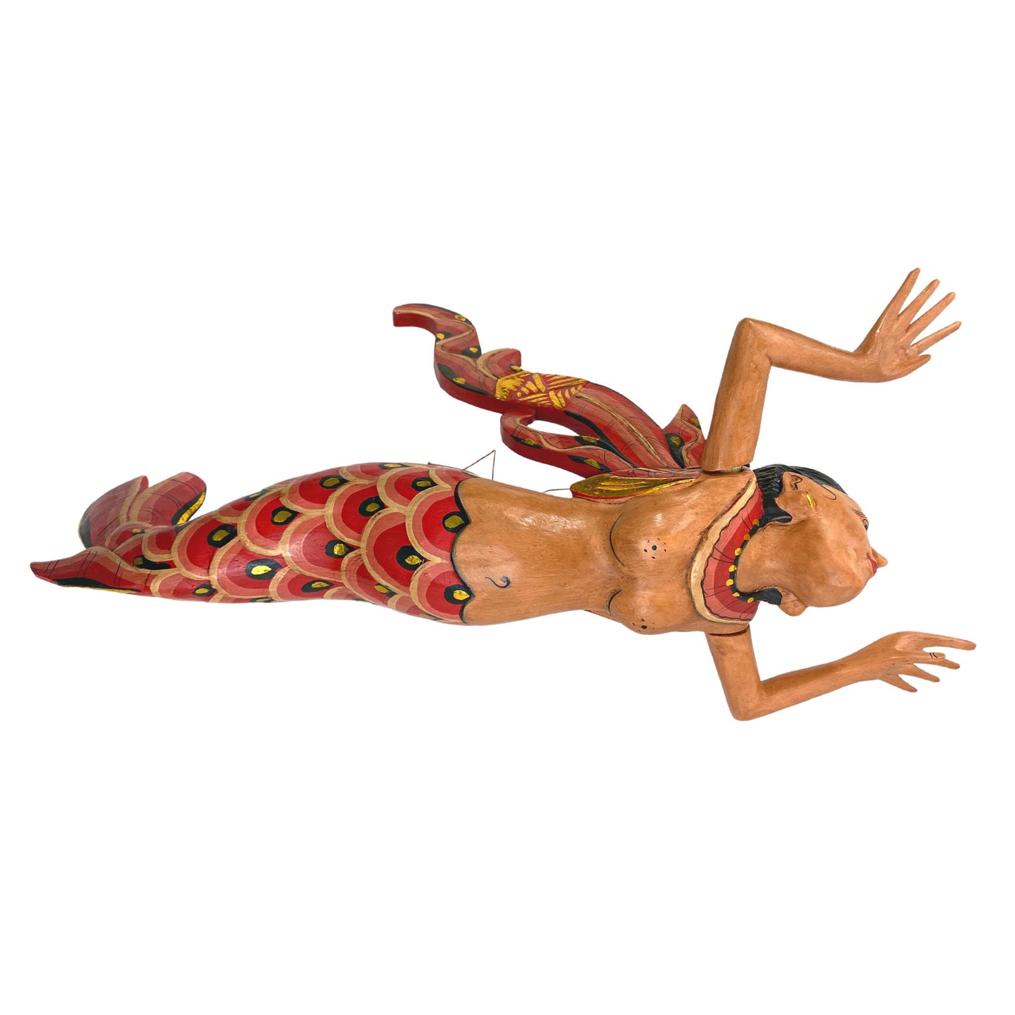 Bali Winged Flying Mermaid Mobile Spiritchaser Aspra Cradle guardian Carved wood Balinese art Red 18&quot; - Acadia World Traders