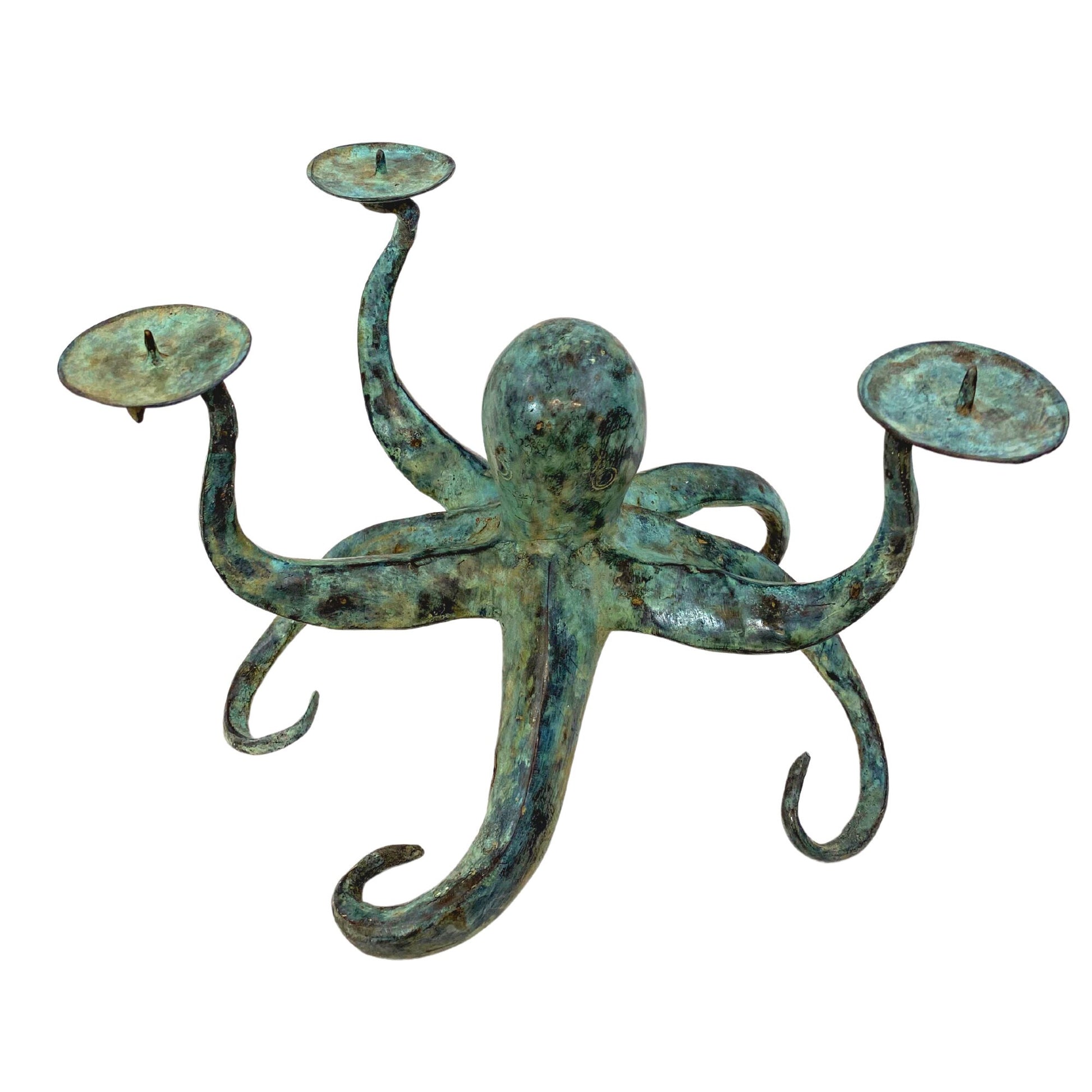 Octopus candelabra  candlestick Cephalopod Sealife Statue Candle Holder nautical tabletop decor Verdigris genuine Bronze art - Acadia World Traders