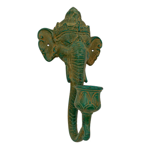 Ganesha Elephant Verdigris Bronze Wall Sconce Candle stick Holder Remover of Obstacles lost wax cast Sculpture Home decor Balinese Hindu art