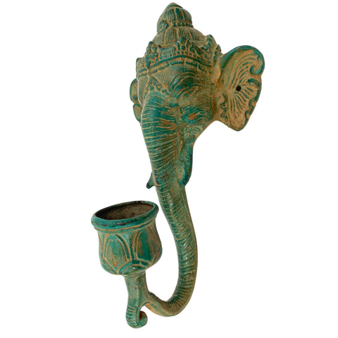 Ganesha Elephant Verdigris Bronze Wall Sconce Candle stick Holder Remover of Obstacles lost wax cast Sculpture Home decor Balinese Hindu art