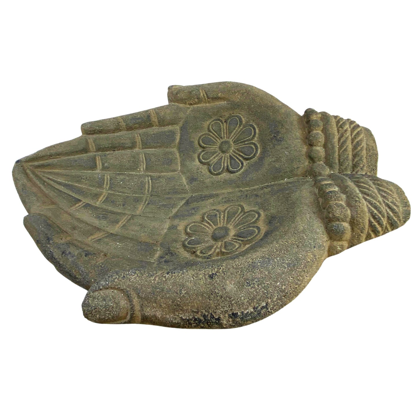 Buddha Blessing Mudra Hand Offering Bowl Statue Bird Bath Balinese cast Lava stone Boho Eclectic Garden art Handmade Hamsa Fatima hand