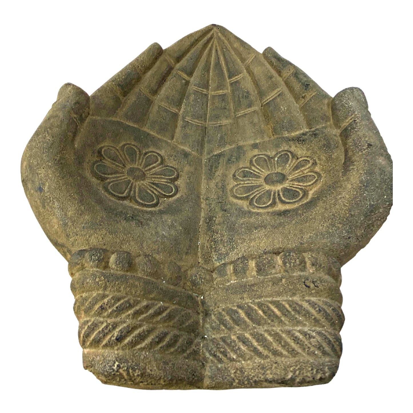 Buddha Blessing Mudra Hand Offering Bowl Statue Bird Bath Balinese cast Lava stone Boho Eclectic Garden art Handmade Hamsa Fatima hand