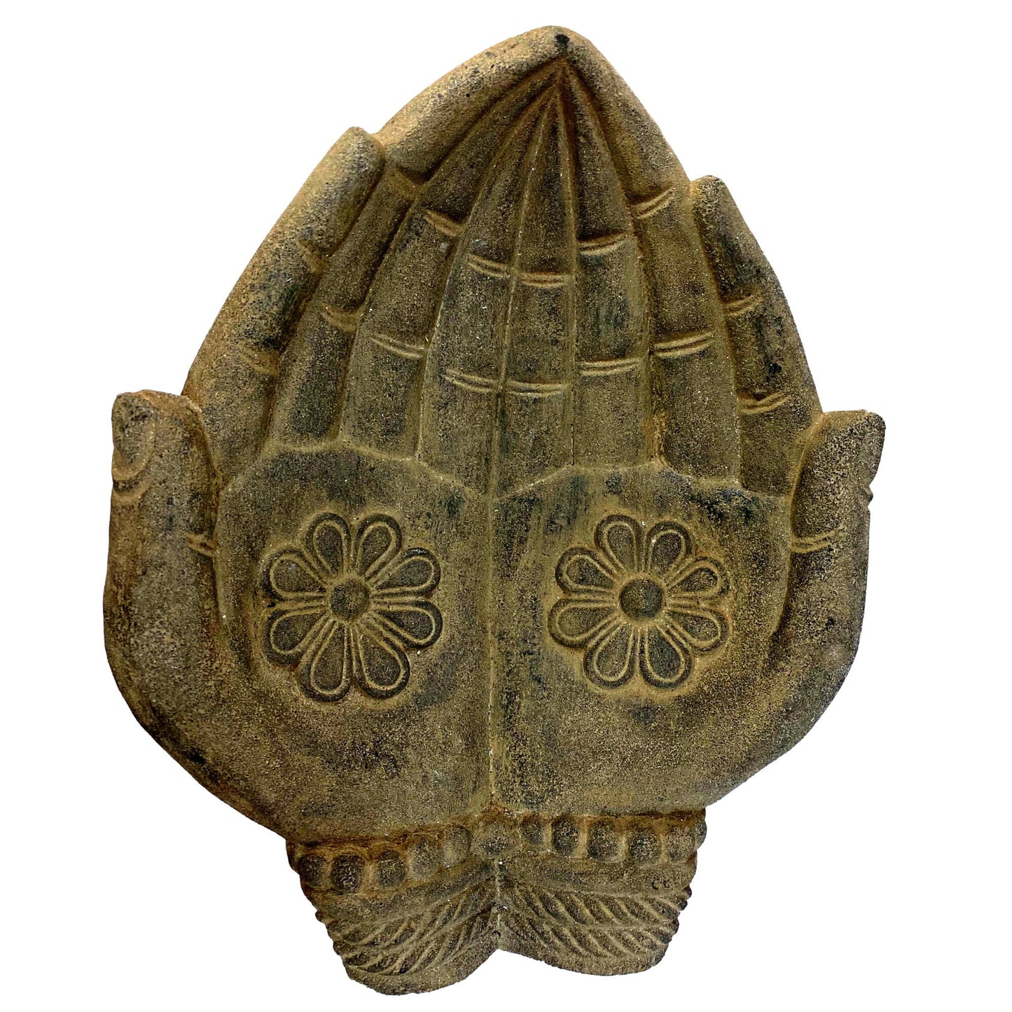 Buddha Blessing Mudra Hand Offering Bowl Statue Bird Bath Balinese cast Lava stone Boho Eclectic Garden art Handmade Hamsa Fatima hand