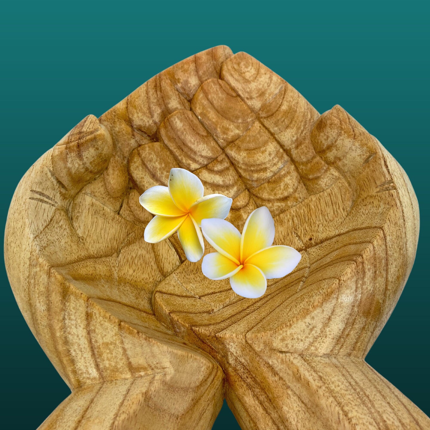 Hand Carved Suar Wood Buddha Bowl: Bali Mudra Offering Hands