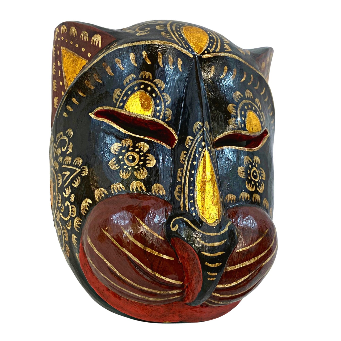 Balinese Black Cat Mask, Hand Carved Wood Wall Decor, Bali Folk Art