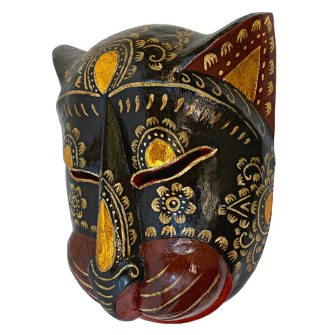 Balinese Black Cat Mask Kitty Tattoo Feline Drama Mask  Bali folk Art hand carved wooden wall decor Wood Carving cat lover gift