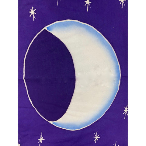 Lunar Moon Phase Wall hanging Banner Handmade Bali Blue Hand drawn Batik Fabric Boho Eclectic Home Decor Celestial Art