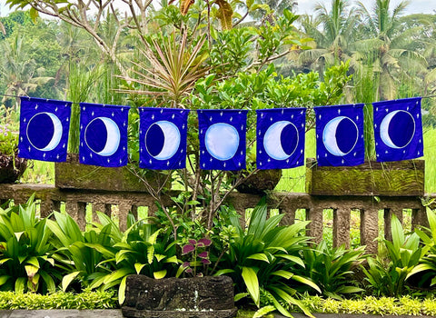 Lunar Moon Phase Handmade Bali Batik Prayer Flag Wall hanging bunting Banner Garden art