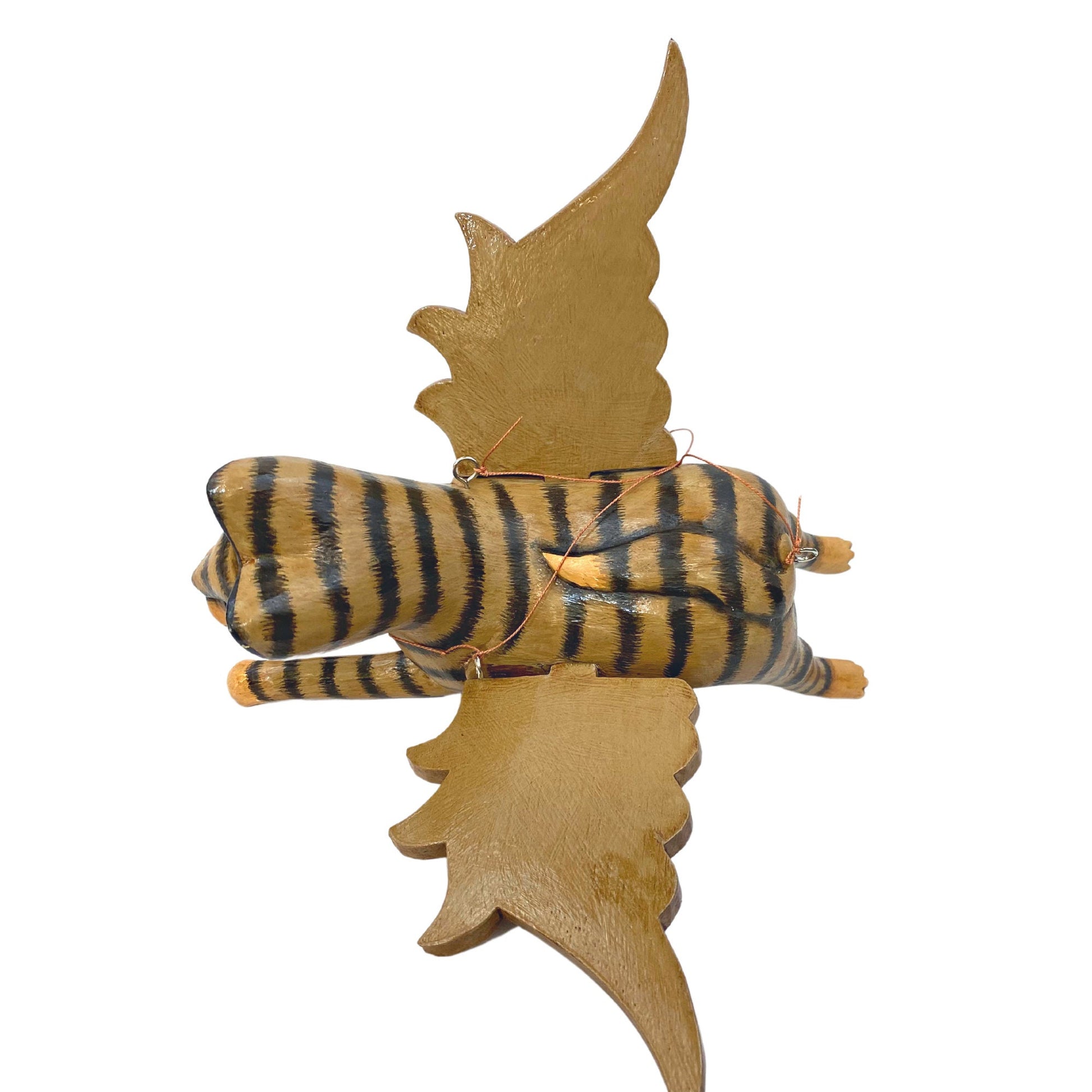 Winged Cat Tabby Tiger Striped Gray kitty MOBILE Spiritchaser Demon chaser cradle guardian hand carved wood Balinse Folk Art - Acadia World Traders