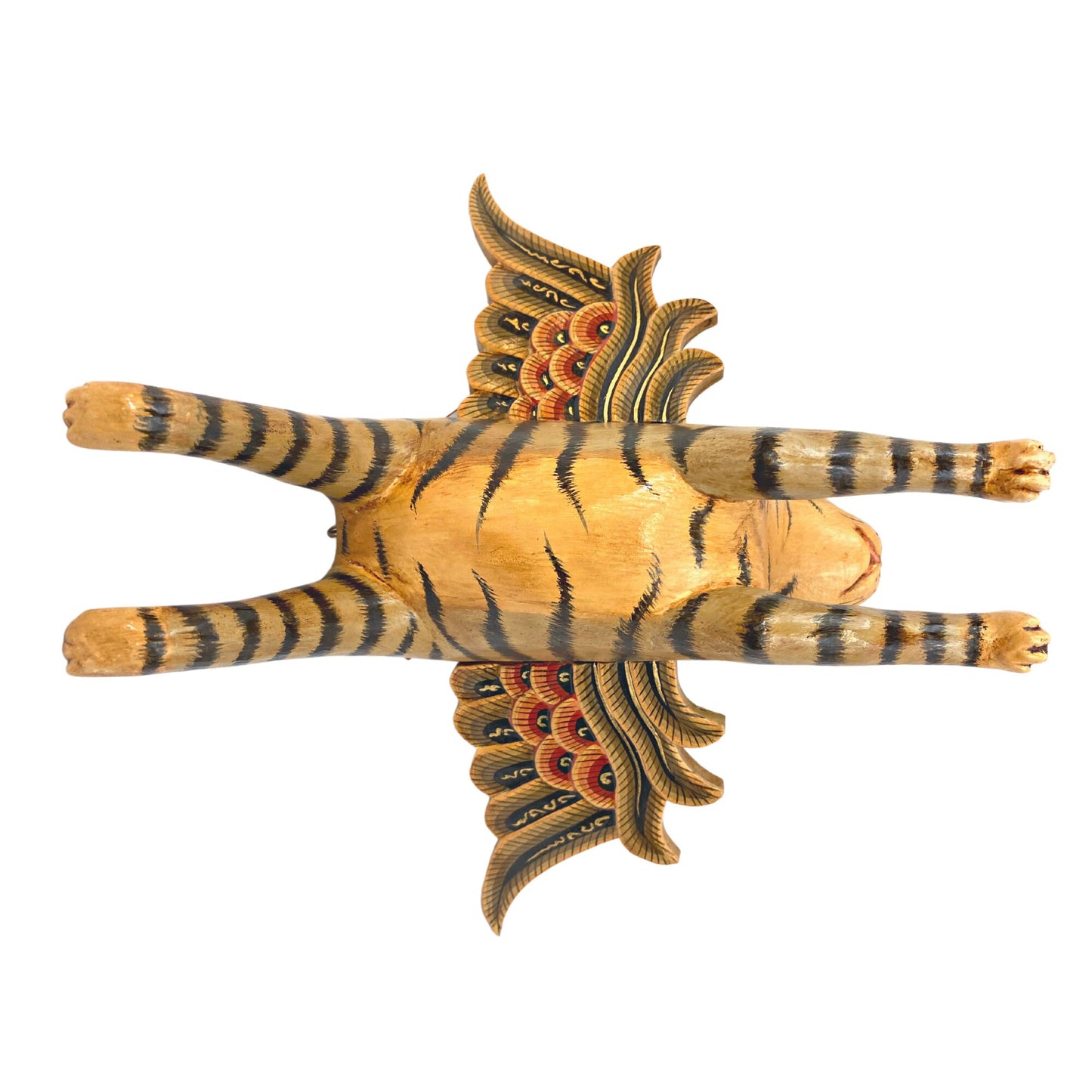 Flying Tabby Striped Cat Mobile, Balinese Hand Carved Wood  Folk Art Decor