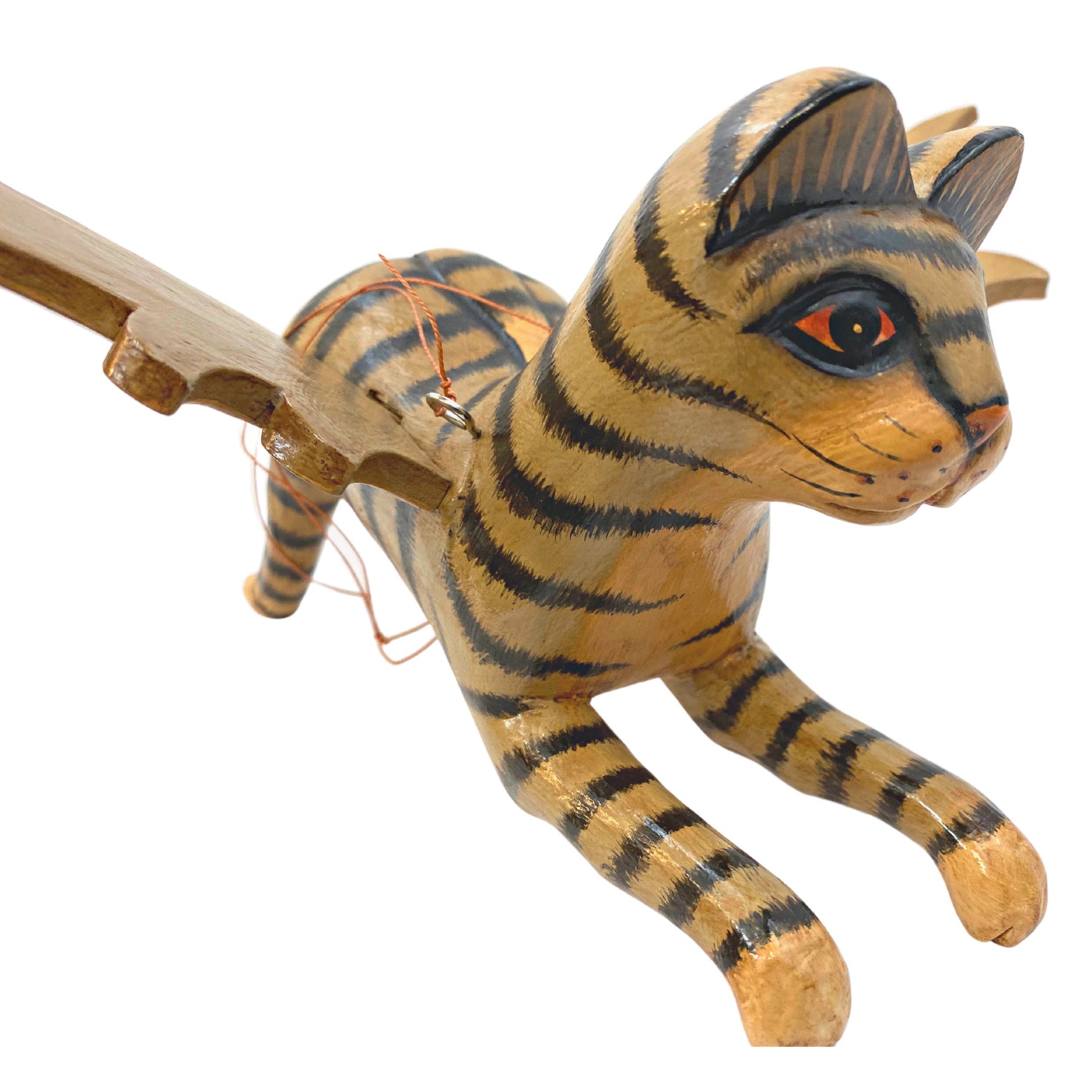 Winged Cat Tabby Tiger Striped Gray kitty MOBILE Spiritchaser Demon chaser cradle guardian hand carved wood Balinse Folk Art - Acadia World Traders