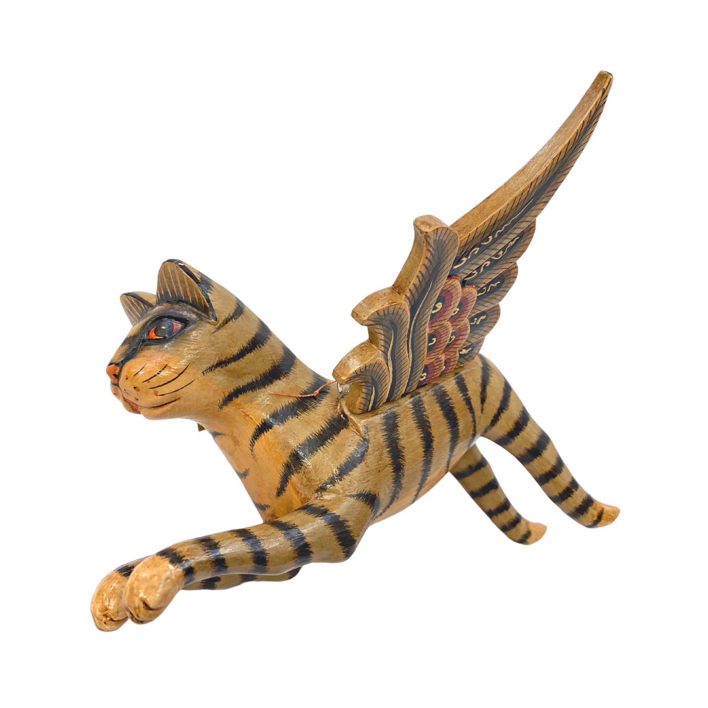 Flying Tabby Striped Cat Mobile, Balinese Hand Carved Wood  Folk Art Decor