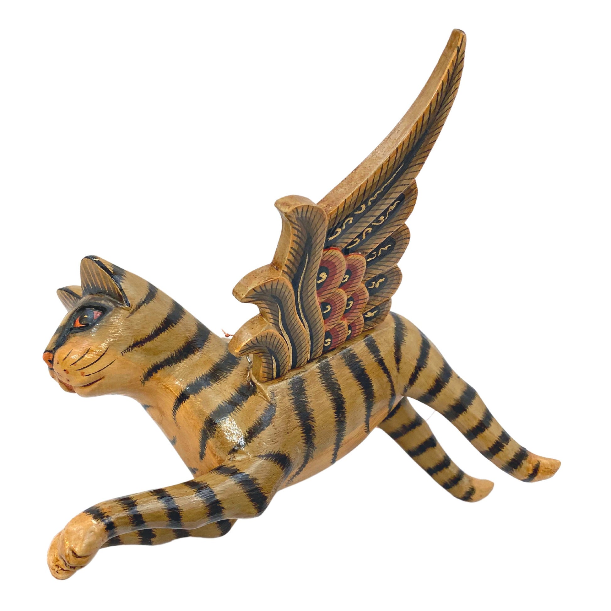 Winged Cat Tabby Tiger Striped Gray kitty MOBILE Spiritchaser Demon chaser cradle guardian hand carved wood Balinse Folk Art - Acadia World Traders