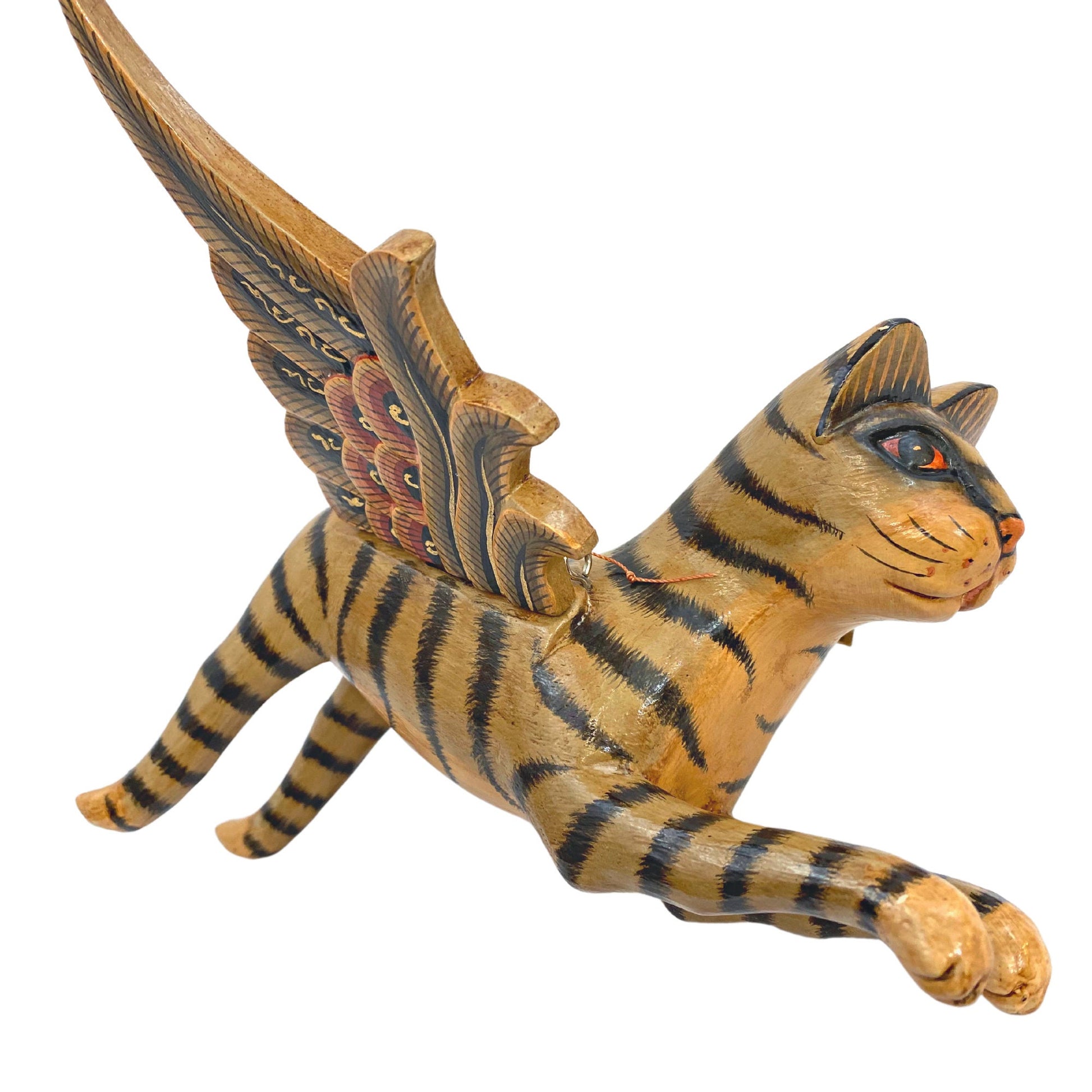 Winged Cat Tabby Tiger Striped Gray kitty MOBILE Spiritchaser Demon chaser cradle guardian hand carved wood Balinse Folk Art - Acadia World Traders