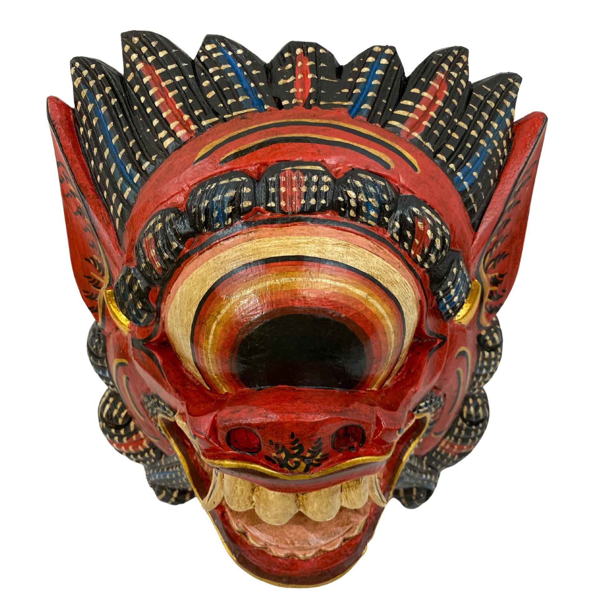 Balinese Mata Besek Mask Cyclops One Eyed Monster Rakshasa Demon Bali Folk Art Hand carved wood Carving Red Wall art - Acadia World Traders