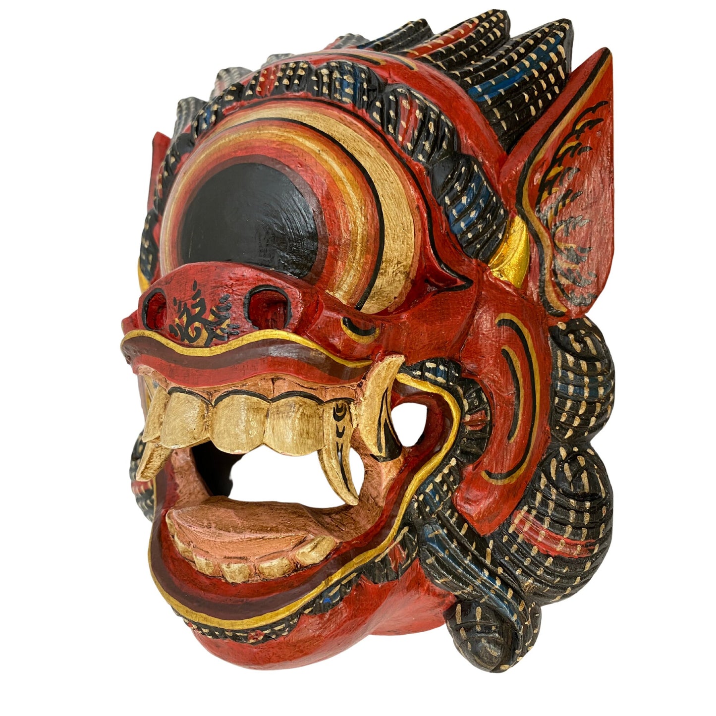 Balinese Mata Besek Mask Cyclops One Eyed Monster Rakshasa Demon Bali Folk Art Hand carved wood Carving Red Wall art - Acadia World Traders