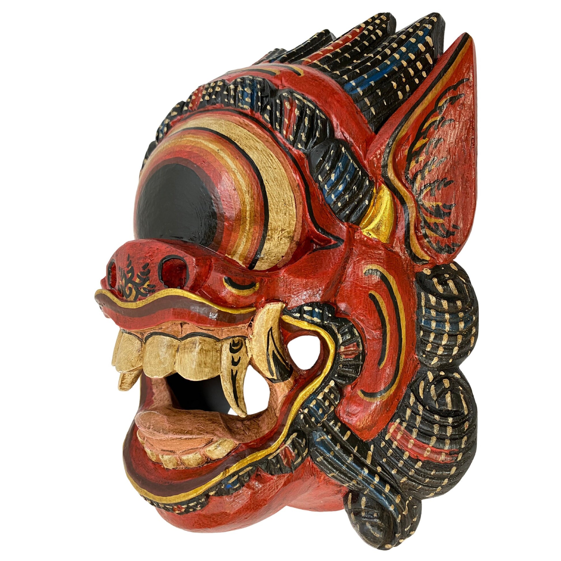 Balinese Mata Besek Mask Cyclops One Eyed Monster Rakshasa Demon Bali Folk Art Hand carved wood Carving Red Wall art - Acadia World Traders