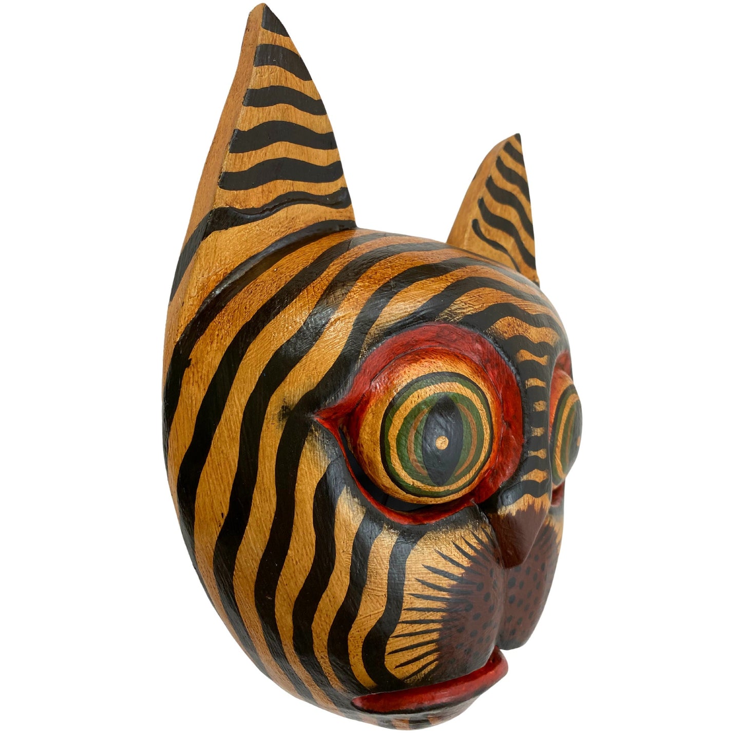 Balinese Striped Tabby Cat Mask, Hand Carved Wood Bali Folk Art