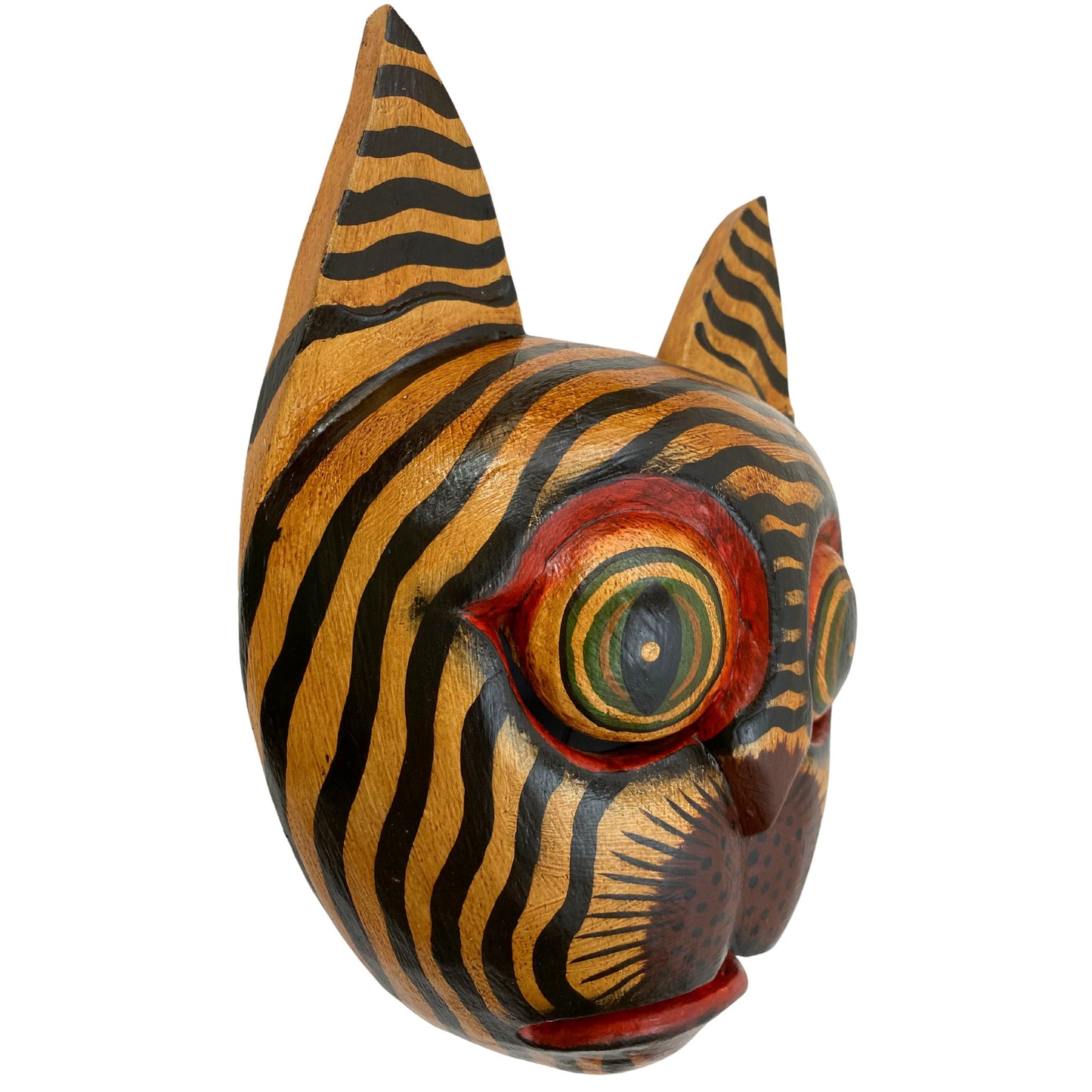 Balinese Striped Tabby Cat Mask, Hand Carved Wood Bali Folk Art