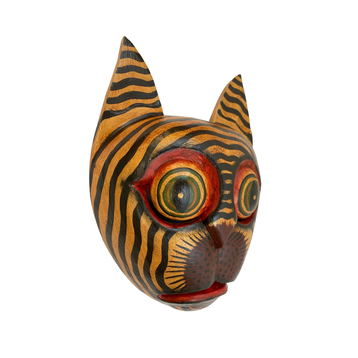 Balinese Striped Tabby Cat Mask, Hand Carved Wood Bali Folk Art