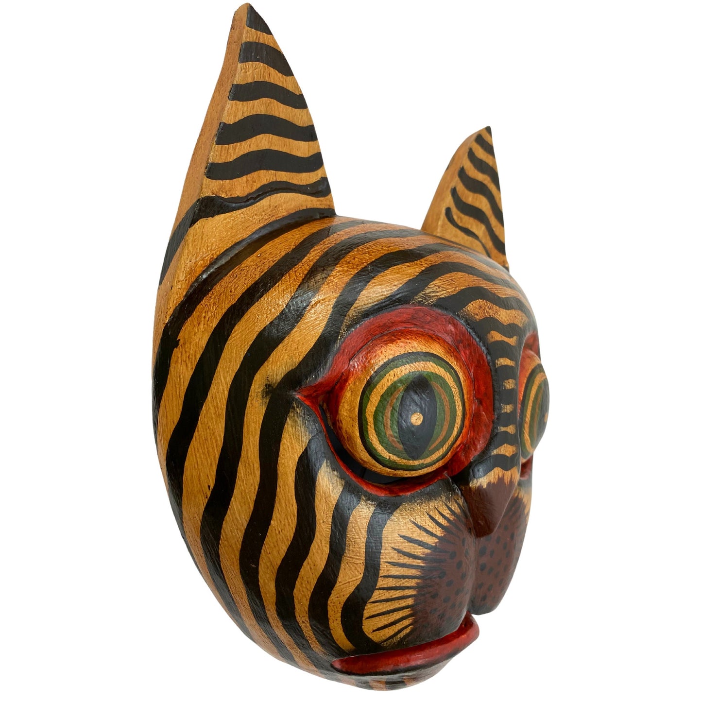 Balinese Striped Tabby Cat Mask, Hand Carved Wood Bali Folk Art