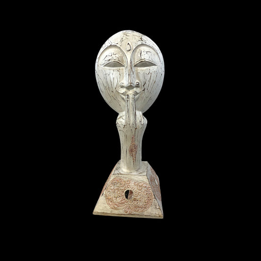 Balinese White Buddha Silence Mask Sculpture Shush Wall Art hand carved wood Bali Vintage style