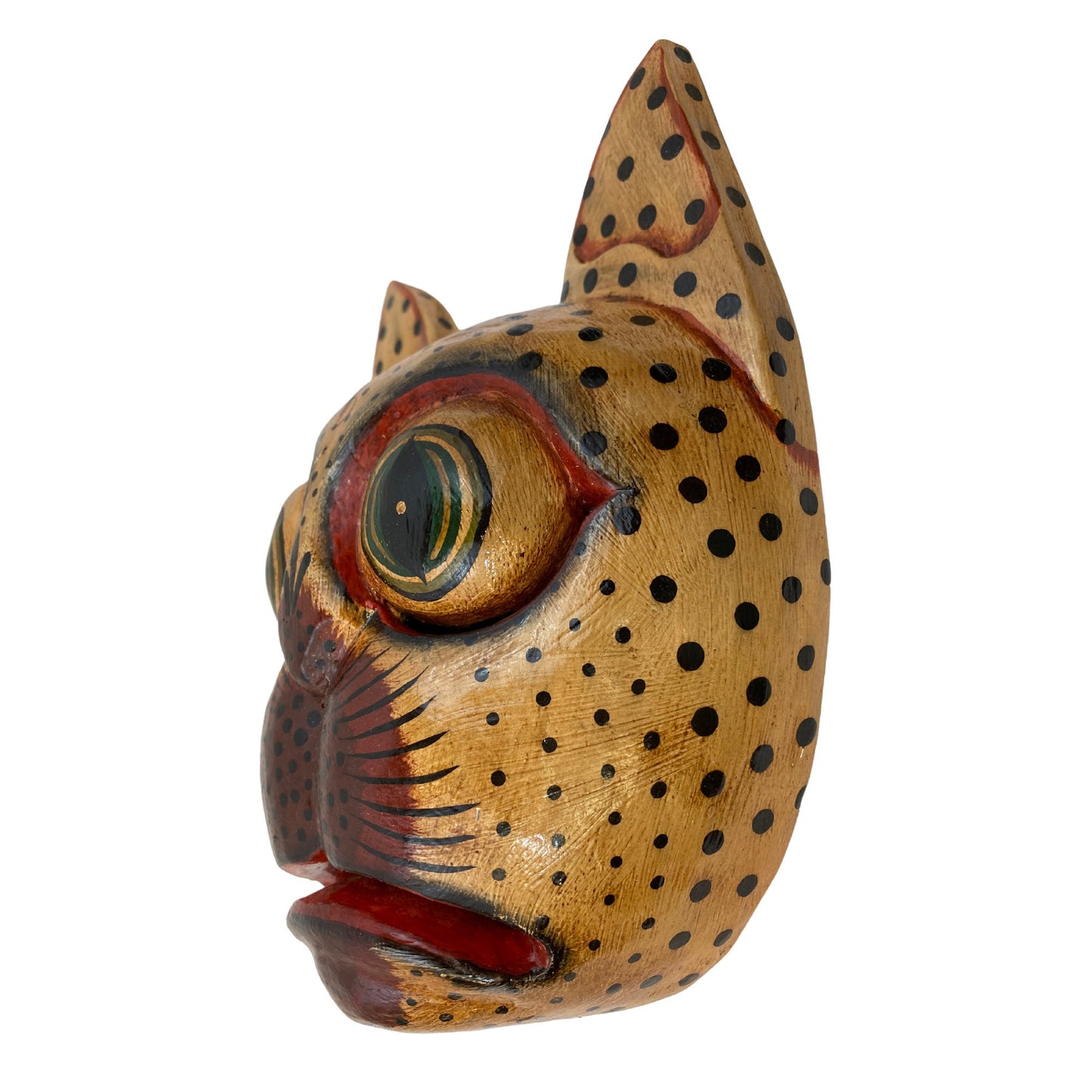 Balinese Spotted Leopard Cat Mask: Hand Carved Wood Folk Art Wall Decor