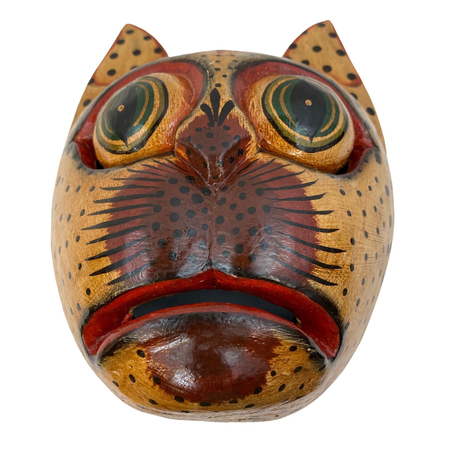 Balinese Spotted Leopard Cat Mask: Hand Carved Wood Folk Art Wall Decor
