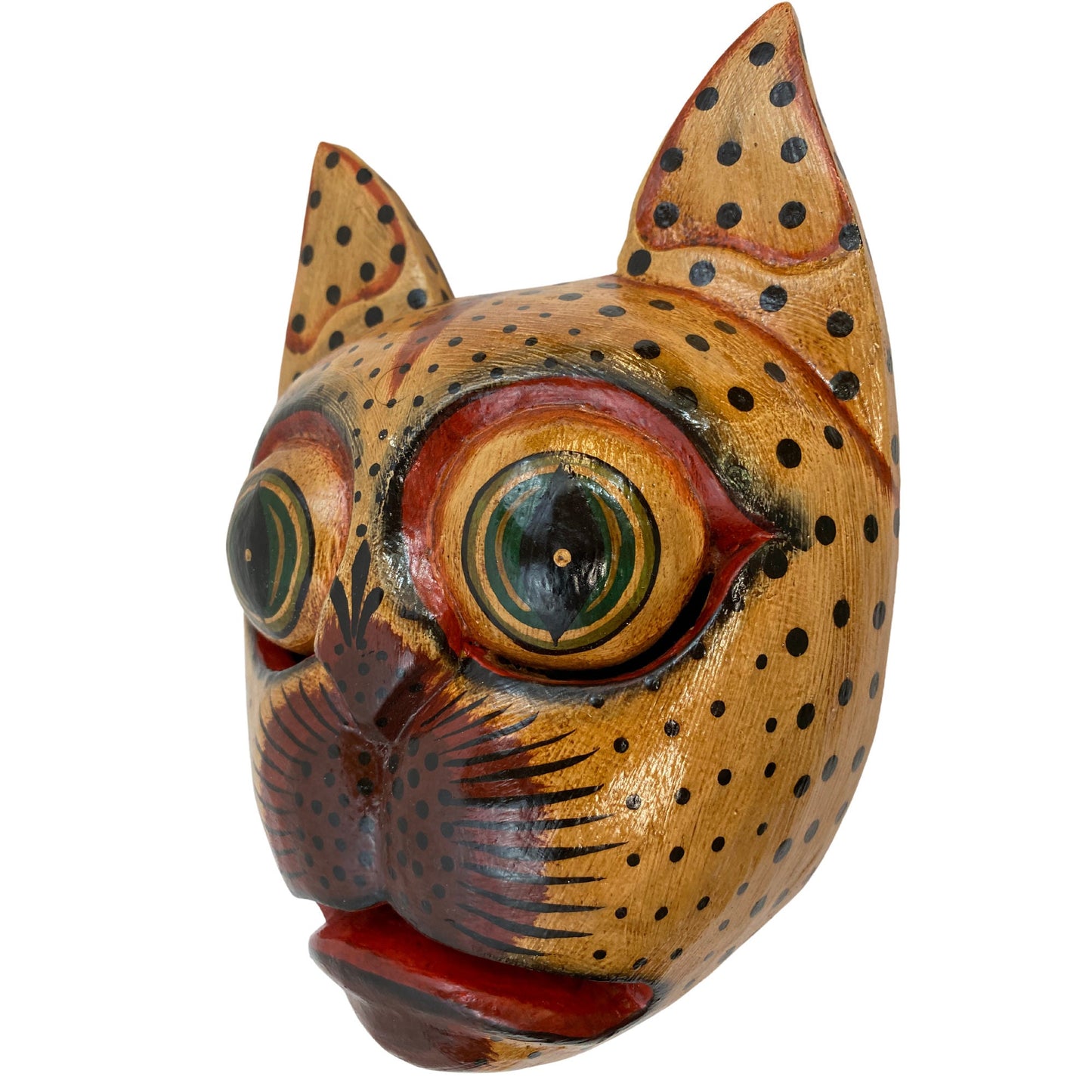 Balinese Spotted Leopard Cat Mask: Hand Carved Wood Folk Art Wall Decor