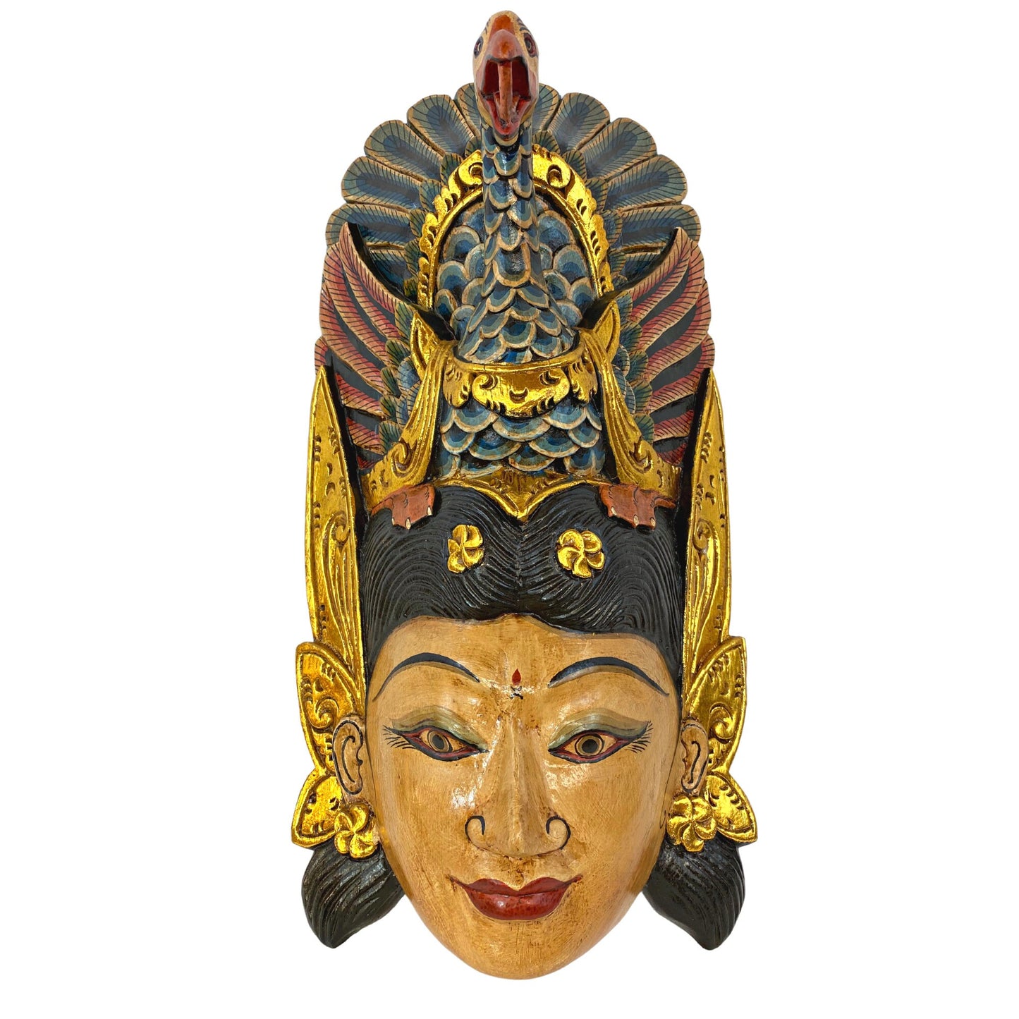 Hand Carved Wood Saraswati Goddess Mask: Balinese Wood Carving with Peacock Crown, Wall Art