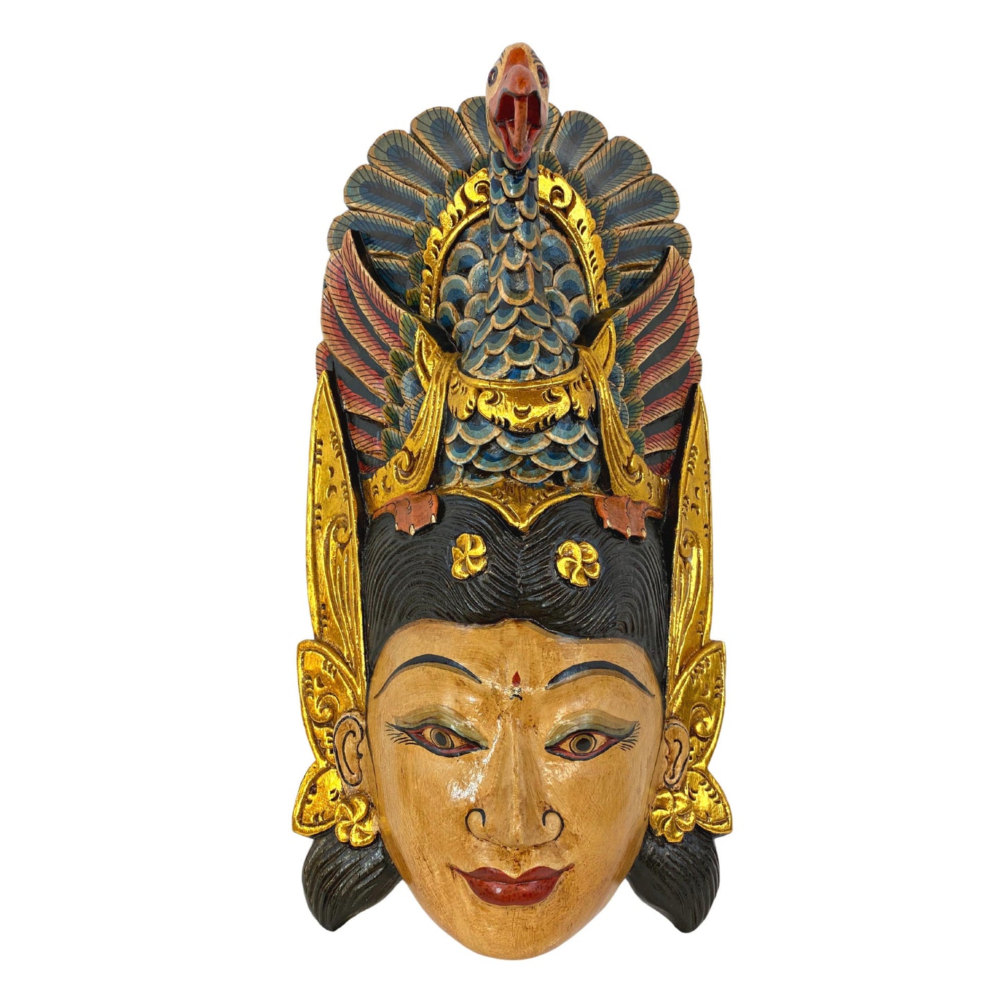 Hand Carved Wood Saraswati Goddess Mask: Balinese Wood Carving with Peacock Crown, Wall Art