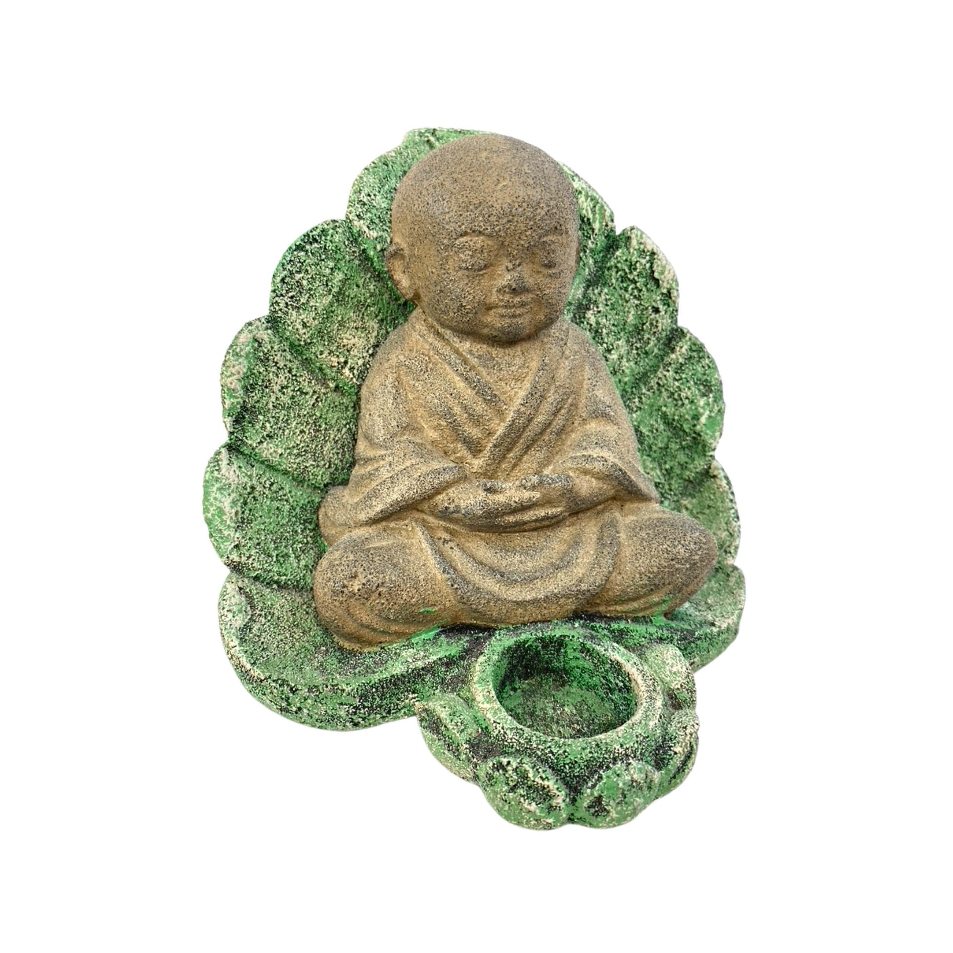 Little Namaste&#39; Buddha Statue Candle holder cone incense holder Shaolin Monk Garden art  cast LAVA STONE Asian yard Decor - Acadia World Traders