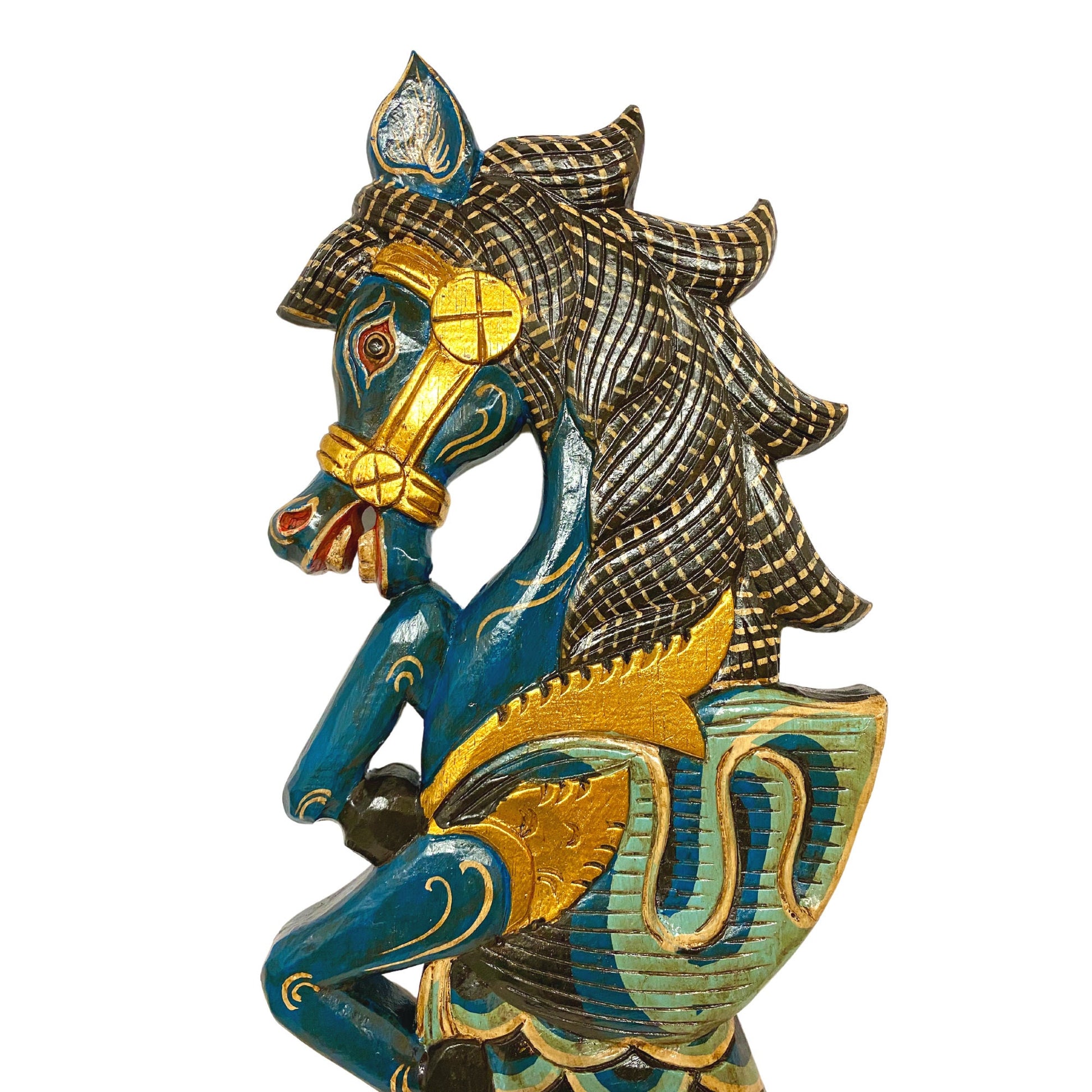 Balinese Winged Seahorse Sea Horse Wall Art Decorative Panel Mermaid Hand Carved  Wood Carving Painted Wall Sculpture Bali Folk Art Teal - Acadia World Traders