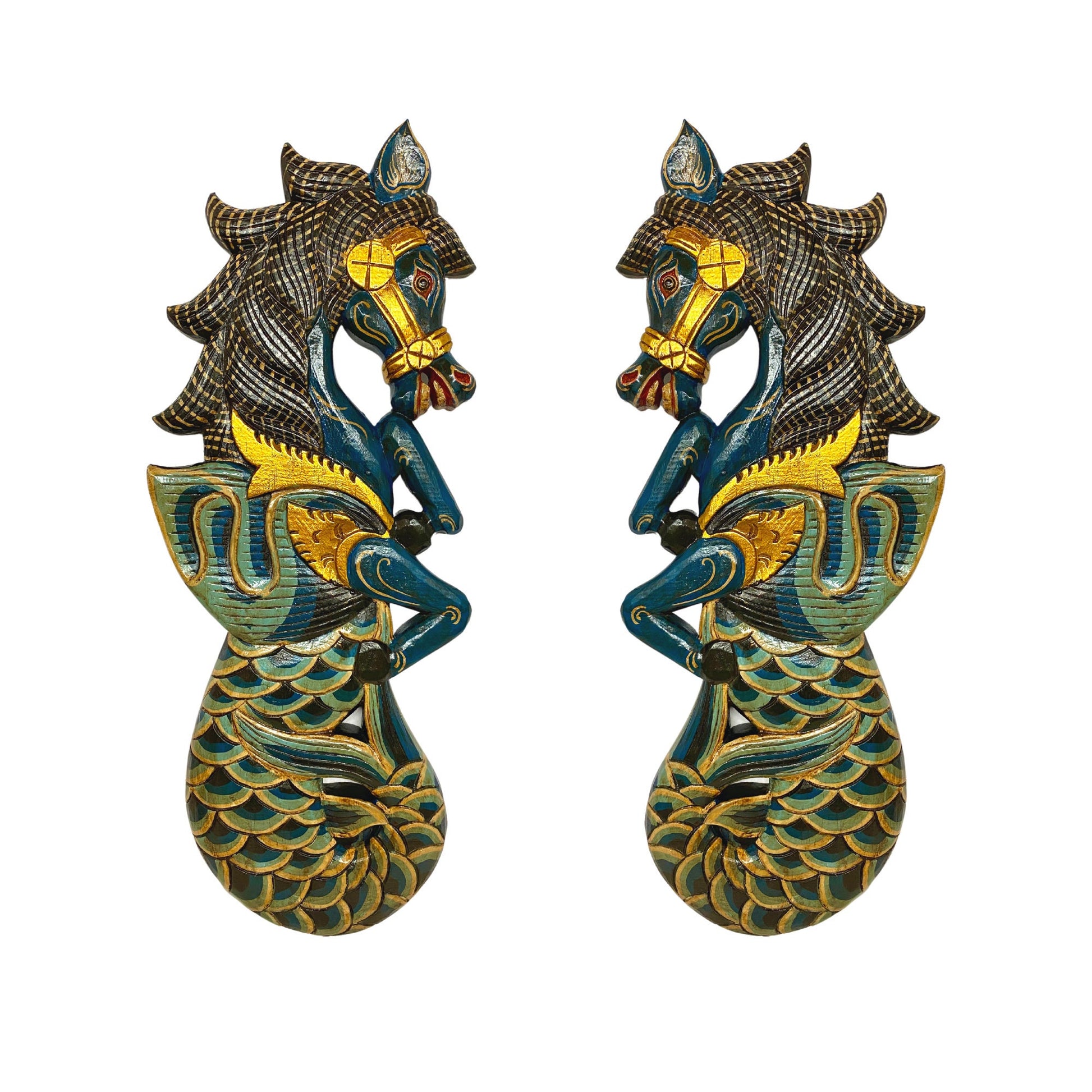 Balinese Winged Seahorse Sea Horse Wall Art Decorative Panel Mermaid Hand Carved  Wood Carving Painted Wall Sculpture Bali Folk Art Teal - Acadia World Traders