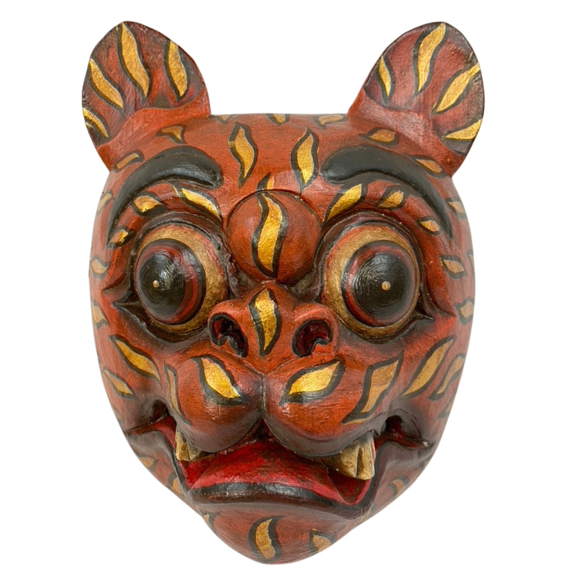 Balinese Tiger Mask Barong Macan Wooden Tiger Mask Guardian Demon Bali Hand Carved Wood Folk art Carving Wall Decor - Acadia World Traders