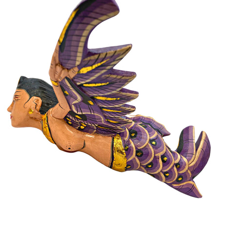 Flying Mermaid Mobile Winged GODDESS Spiritchaser Ornament Demon Chaser Guardian carved Balinese Folk Art purple 8 inch