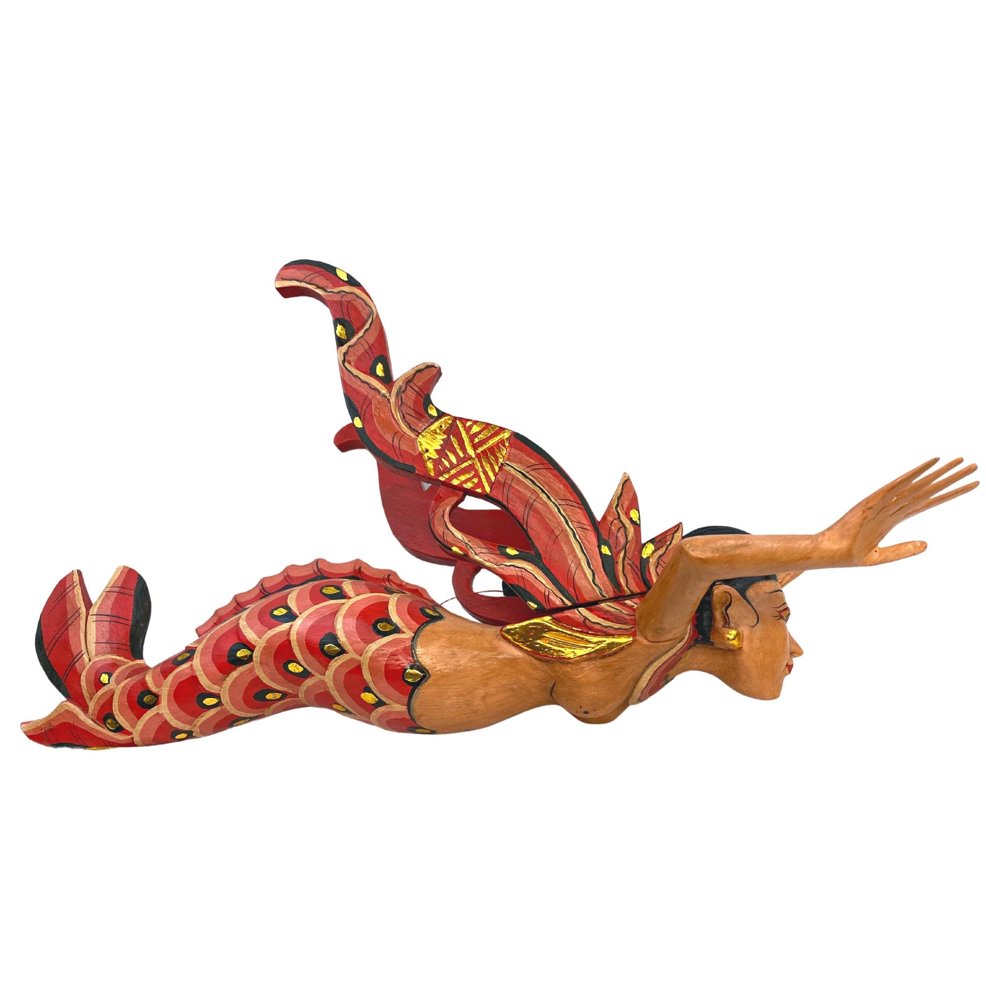 Bali Winged Flying Mermaid Mobile Spiritchaser Aspra Cradle guardian Carved wood Balinese art Red 18&quot; - Acadia World Traders