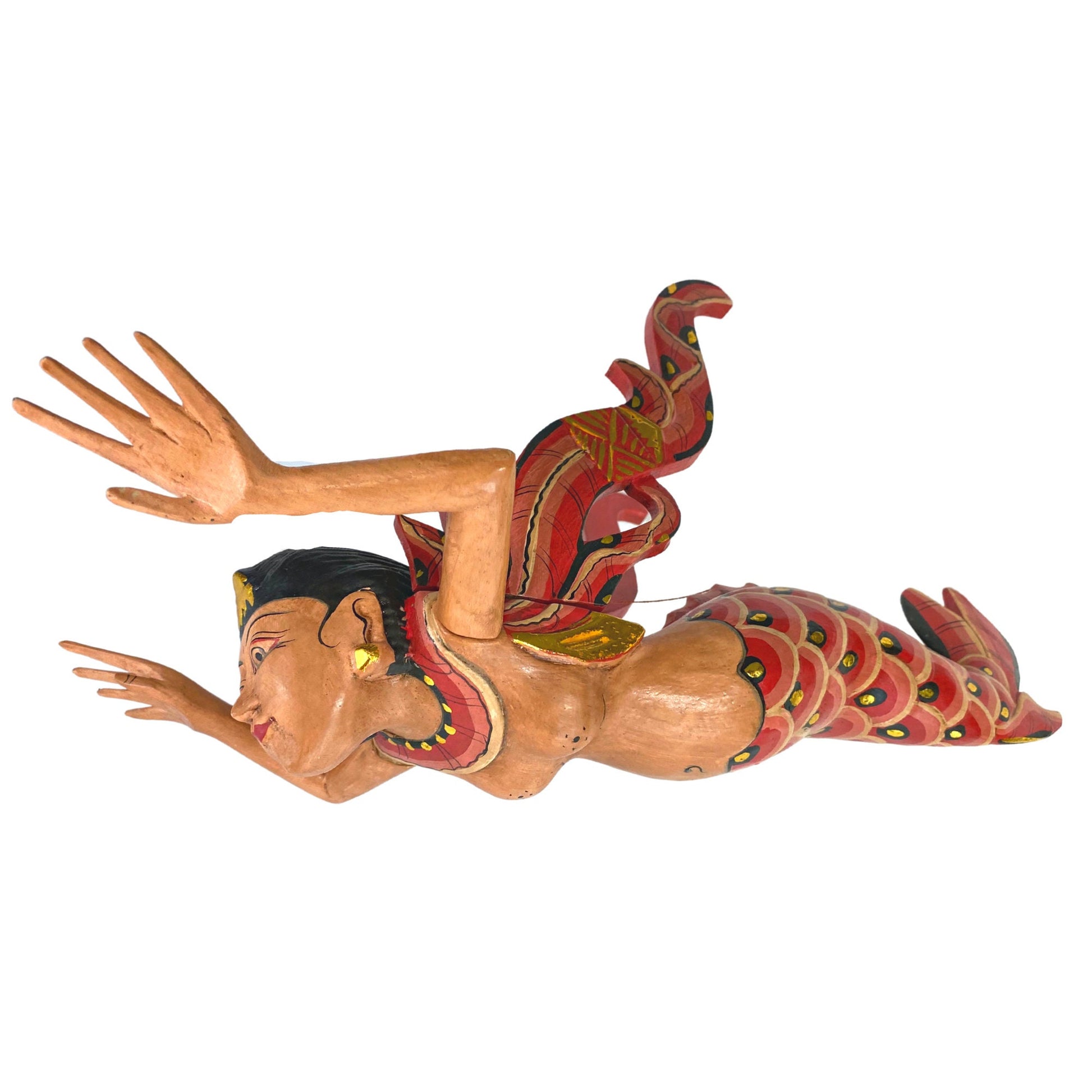 Bali Winged Flying Mermaid Mobile Spiritchaser Aspra Cradle guardian Carved wood Balinese art Red 18&quot; - Acadia World Traders