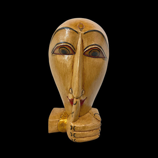 Balinese Shush Buddha Mask Sculpture Statue Wall Art hand carved wood Bali Vintage style Boho decor - Acadia World Traders