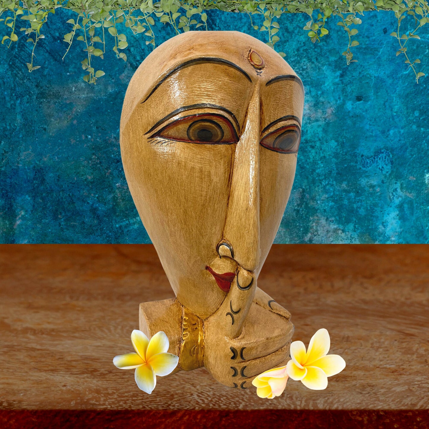 Balinese Shush Buddha Mask: Hand Carved Wood Wall Art Sculpture, Boho Decor