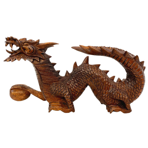 Asian Dragon Naga with Wishing Pearl Statue hand carved  Suar wood Sculpture Indonesian Balinese Art Prosperity Abundance