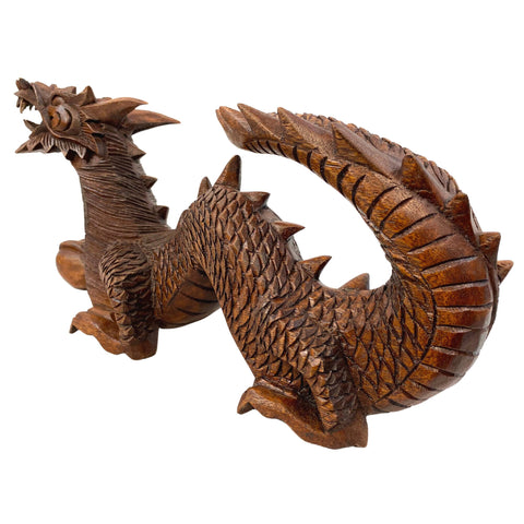 Asian Dragon Naga with Wishing Pearl Statue hand carved  Suar wood Sculpture Indonesian Balinese Art Prosperity Abundance