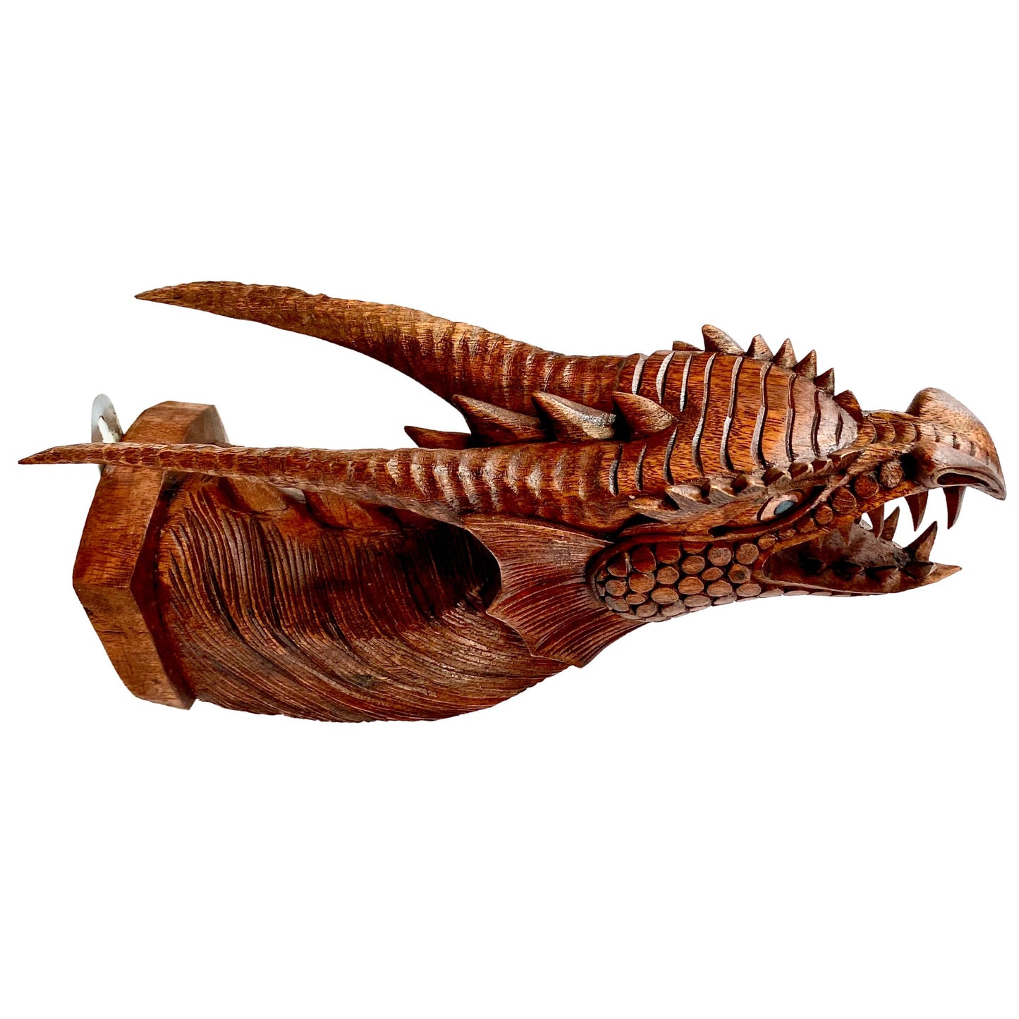 Hand Carved Gothic Horned Dragon Head Wall Mount: Balinese Wood Wall Art Sculpture