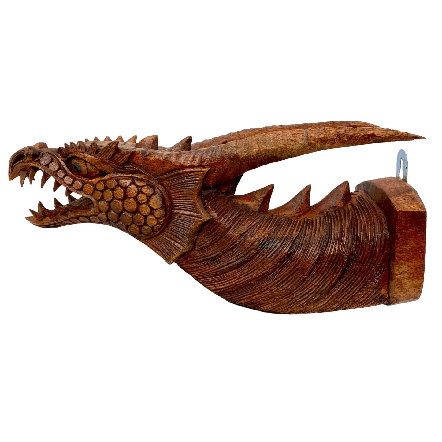 Hand Carved Gothic Horned Dragon Head Wall Mount: Balinese Wood Wall Art Sculpture