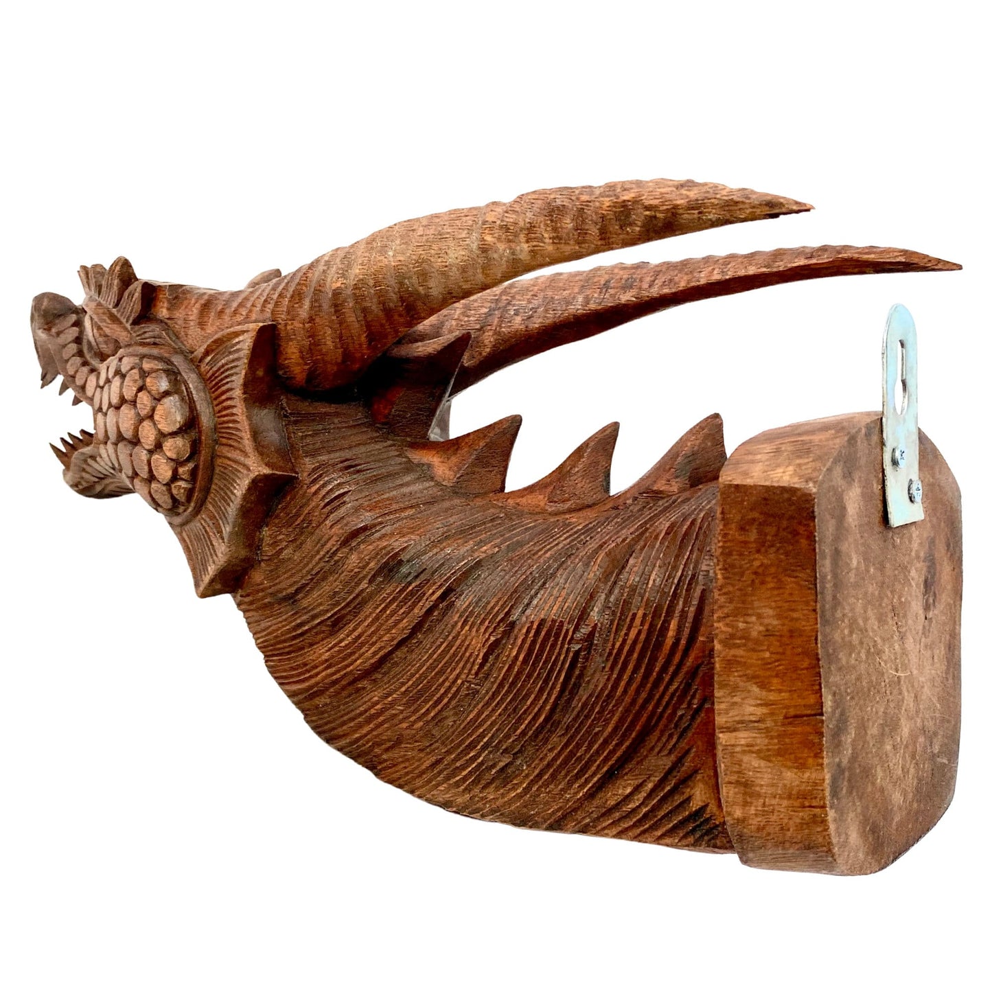 Hand Carved Gothic Horned Dragon Head Wall Mount: Balinese Wood Wall Art Sculpture